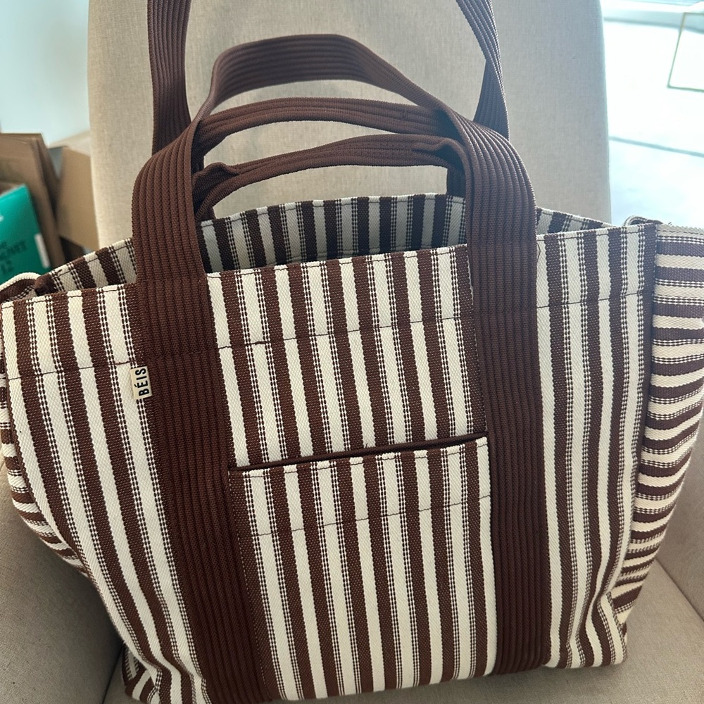 Beis Brown and White Striped Summer Tote Bag